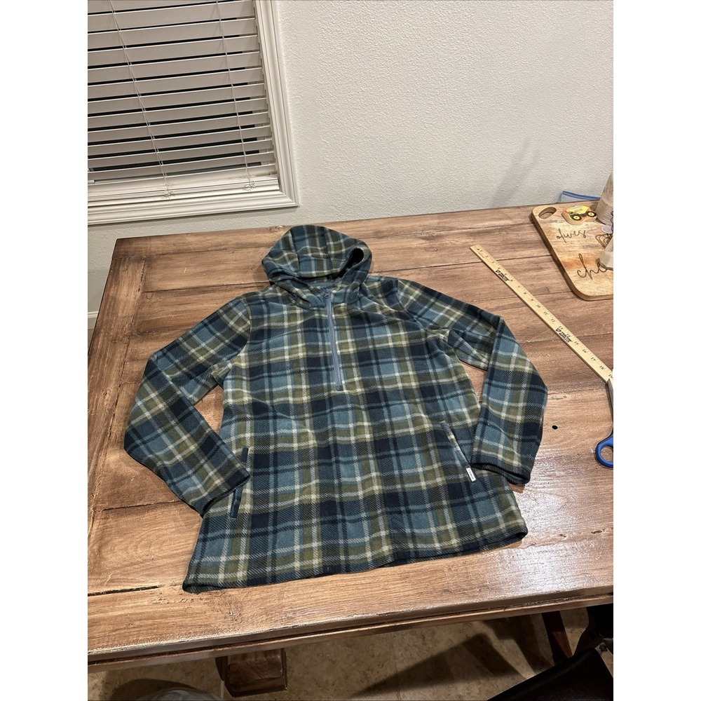 O'Neill Women's 1/4 Zip Pullover Sweater Blue Green Plaid Hoodie Large Fleece